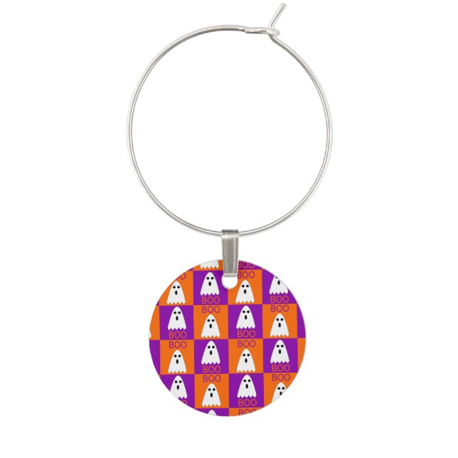 Halloween Boo Ghost Purple and Orange Squares Wine Charm (Front)