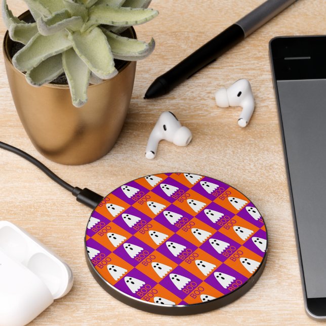 Halloween Boo Ghost Purple and Orange Squares Wireless Charger (Desk 2)
