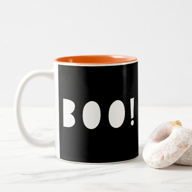 Halloween Boo Ghostly Spooky Orange Black Two-Tone Coffee Mug (With Donut)