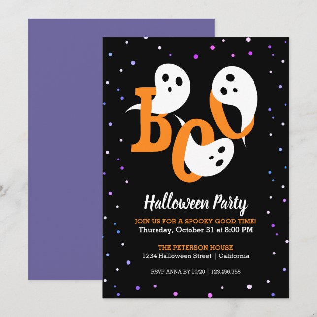 Halloween Boo Ghosts Purple Confetti Invitation (Front/Back)