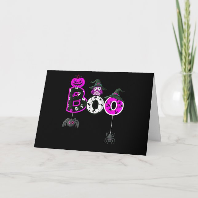 Halloween Boo Owl With Witch Hat Spiders Boys Girl Card (Front)