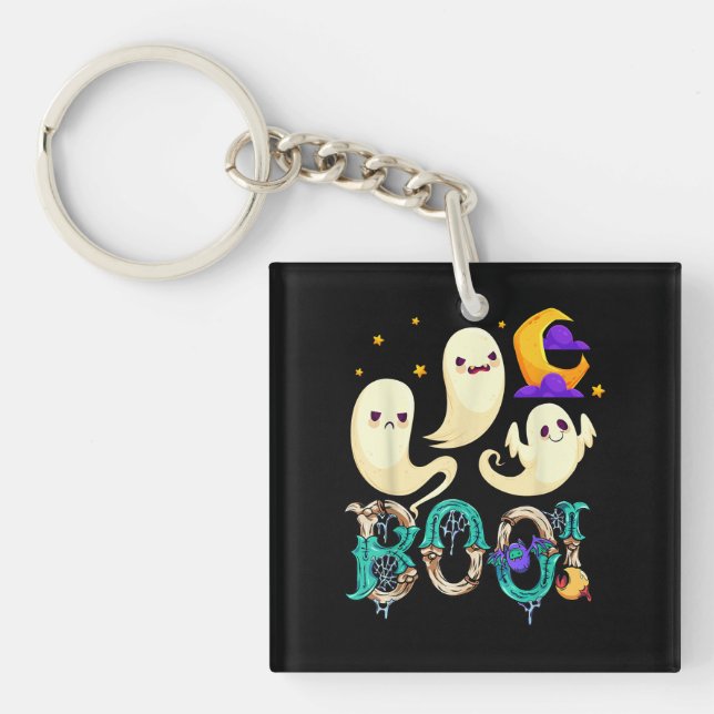 Halloween Boo Owl With Witch Hat Spiders Boys Girl Keychain (Front)