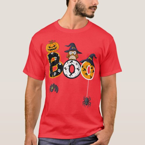 Halloween Boo Owl With Witch Hat Spiders Boys Girl T_Shirt