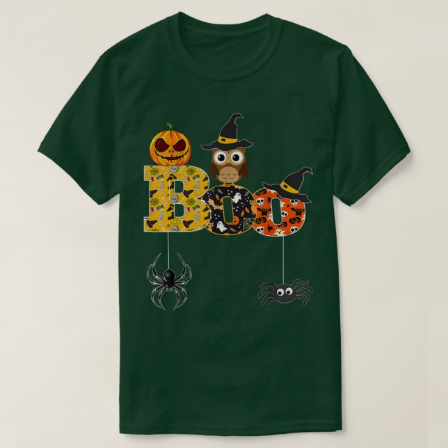 Halloween Boo Owl With Witch Hat Spiders Boys Girl T-Shirt (Design Front)