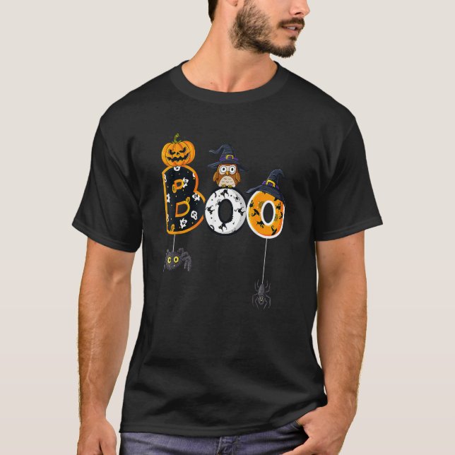 Halloween Boo Owl With Witch Hat Spiders Boys Girl T-Shirt (Front)