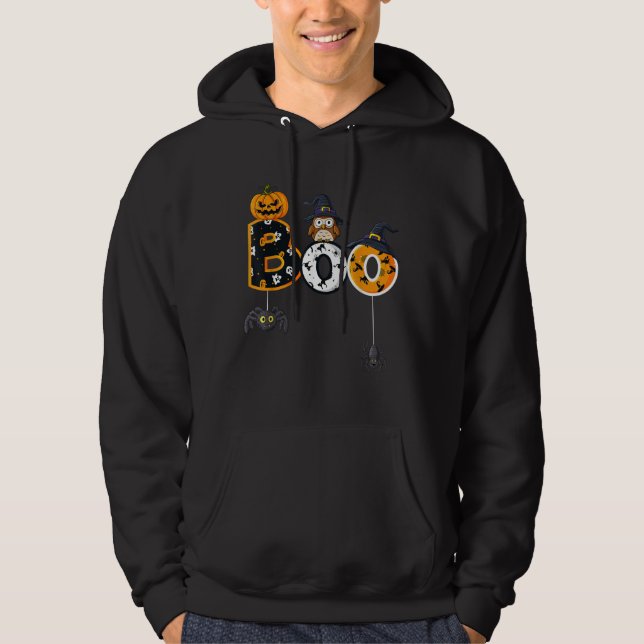 Halloween Boo Owl With Witch Hat Spiders Hoodie (Front)