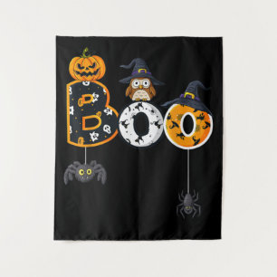 Halloween Boo Owl With Witch Hat Spiders Tapestry