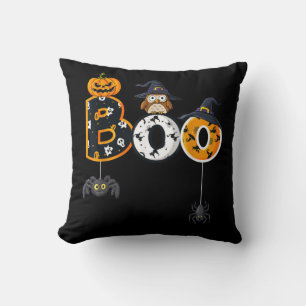 Halloween Boo Owl With Witch Hat Spiders Throw Pillow