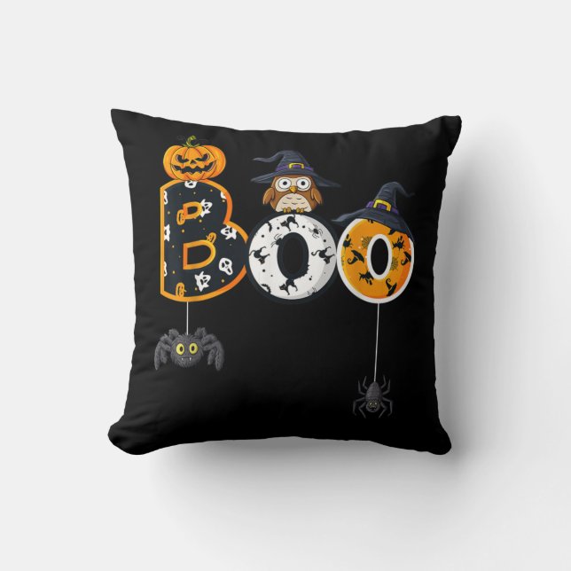 Halloween Boo Owl With Witch Hat Spiders Throw Pillow (Front)