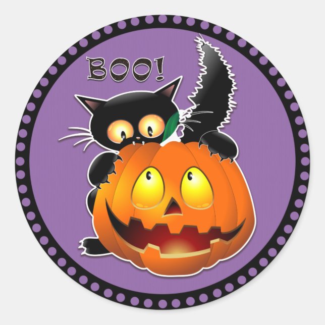Halloween Boo Scary Cat Pumpkin Classic Round Sticker (Front)