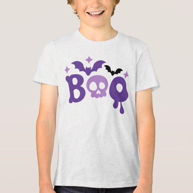 Halloween Boo Skull Bats Modern Typography Tri-Blend Shirt (Front)