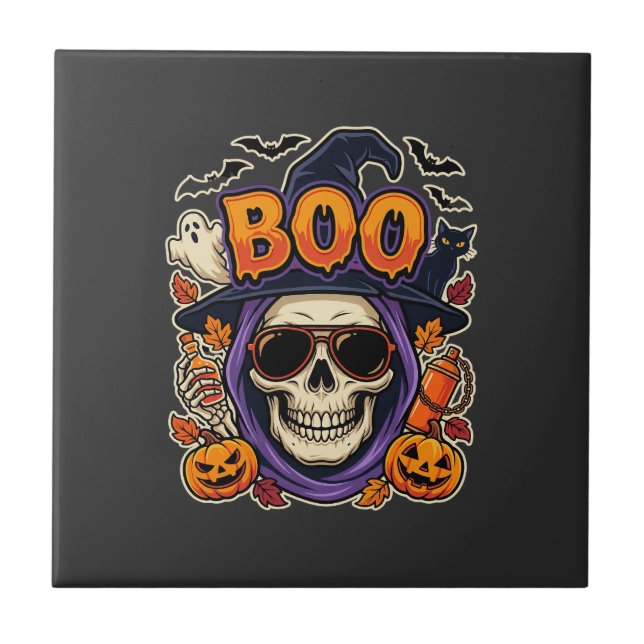 Halloween Boo Skull Sunglasses Vector Ceramic Tile (Front)