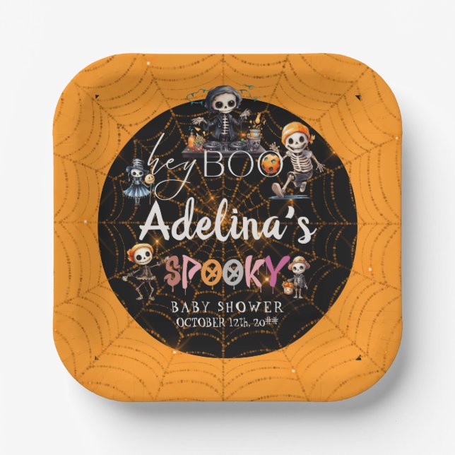 Halloween Boo Spooky Skeletons Costume Baby Shower Paper Plates (Front)