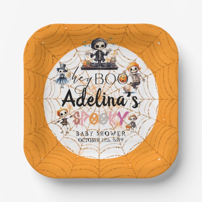 Halloween Boo Spooky Skeletons Costume Baby Shower Paper Plates (Front)