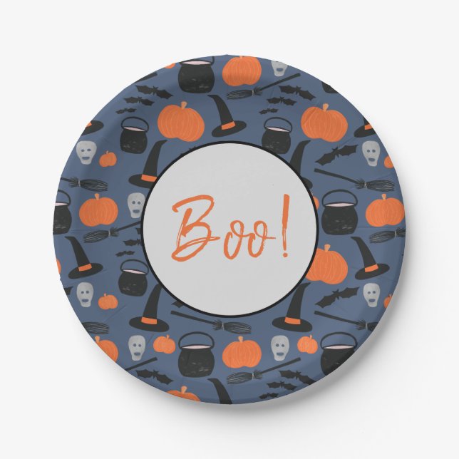 Halloween Boo Witch Pumpkin Bat Broomstick Paper Plates (Front)