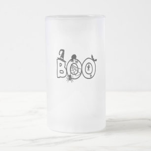 Halloween Boo with Witches Hat Black Cat Spider Frosted Glass Beer Mug