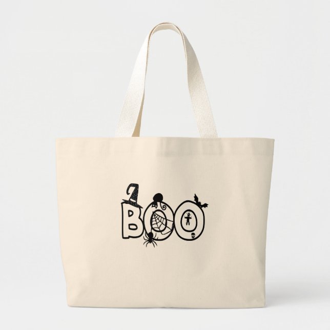 Halloween Boo with Witches Hat Black Cat Spider Large Tote Bag (Front)