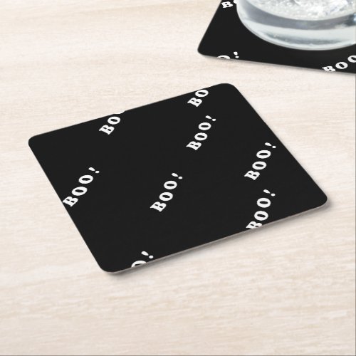 Halloween boo words on black square paper coaster