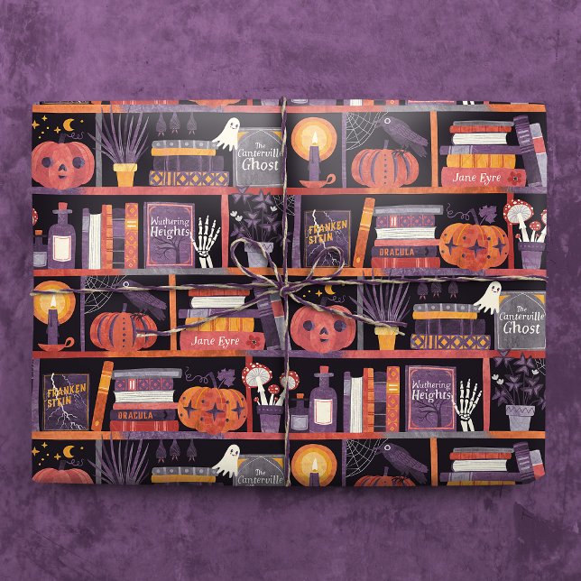Halloween Bookshelf Wrapping Paper (Gift Mockup)