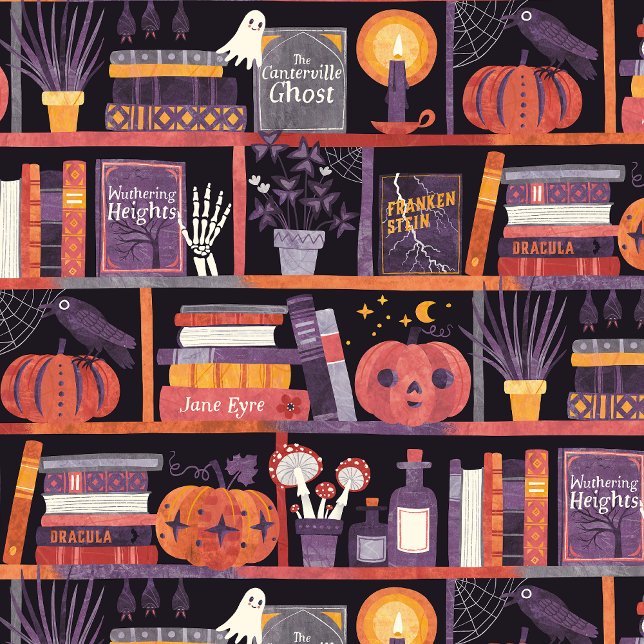 Halloween Bookshelf Wrapping Paper (Detail)