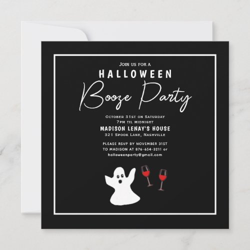 Halloween Booze Party Black White Ghost Invitation