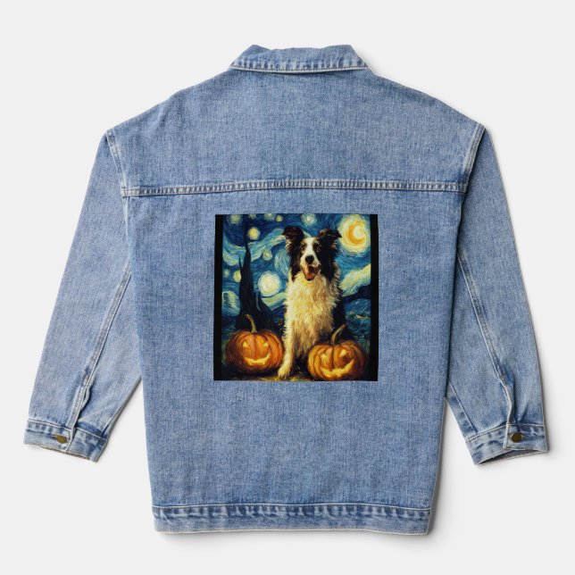 Halloween Border Collie Fall Pumpkin Denim Jacket (Back)