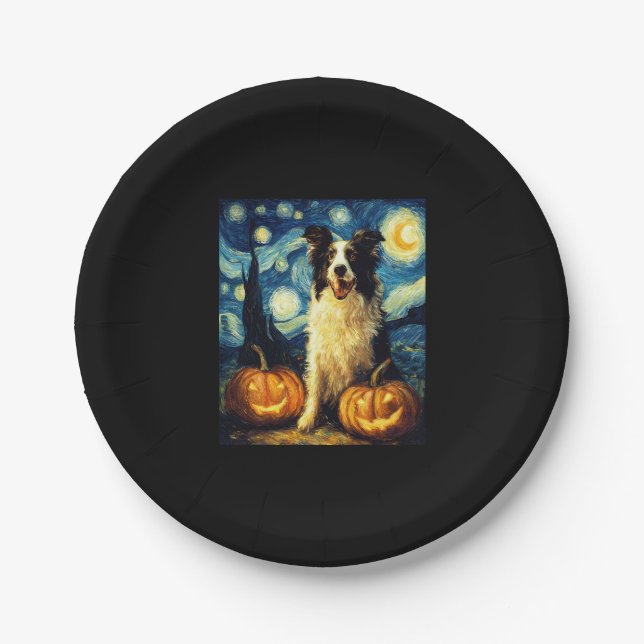 Halloween Border Collie Fall Pumpkin Paper Plates (Front)