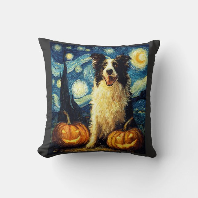 Halloween Border Collie Fall Pumpkin Throw Pillow (Front)