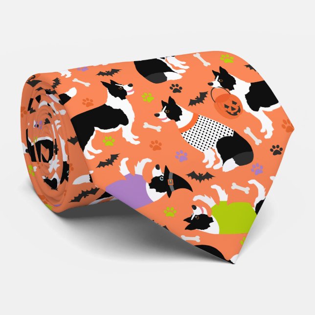 Halloween Border Collie Orange Neck Tie (Rolled)