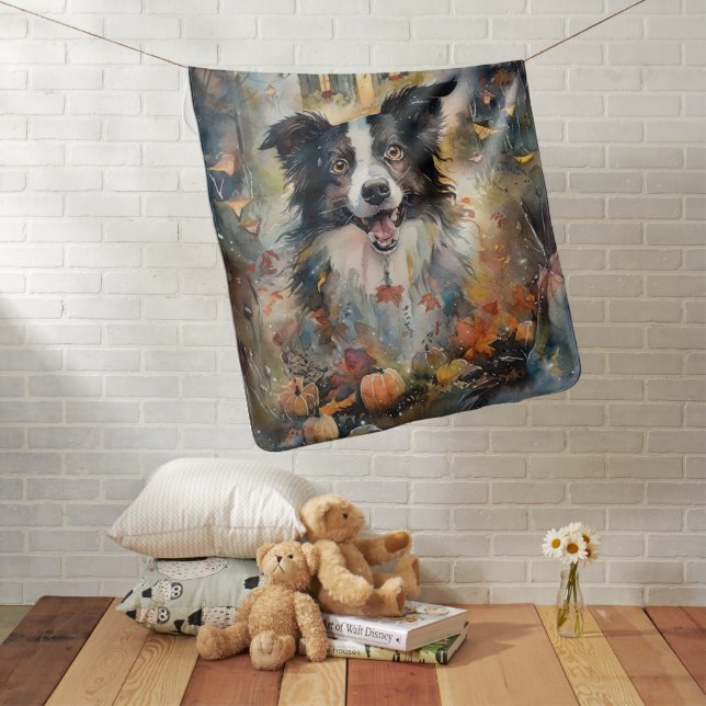 Halloween Border Collie With Pumpkins Scary Baby Blanket (In Situ)