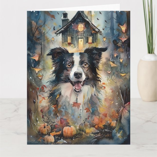Halloween Border Collie With Pumpkins Scary Card (Front)
