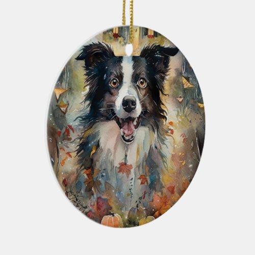 Halloween Border Collie With Pumpkins Scary Ceramic Ornament