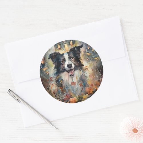 Halloween Border Collie With Pumpkins Scary Classic Round Sticker