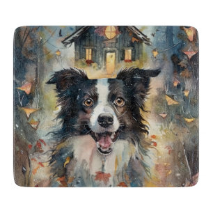 Halloween Border Collie With Pumpkins Scary Cutting Board