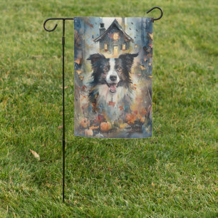 Halloween Border Collie With Pumpkins Scary Garden Flag