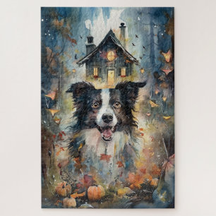 Halloween Border Collie With Pumpkins Scary Jigsaw Puzzle