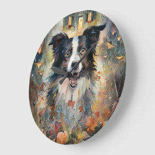 Halloween Border Collie With Pumpkins Scary Large Clock