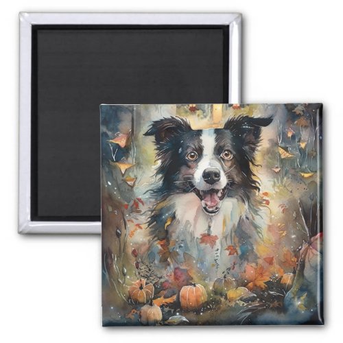 Halloween Border Collie With Pumpkins Scary Magnet