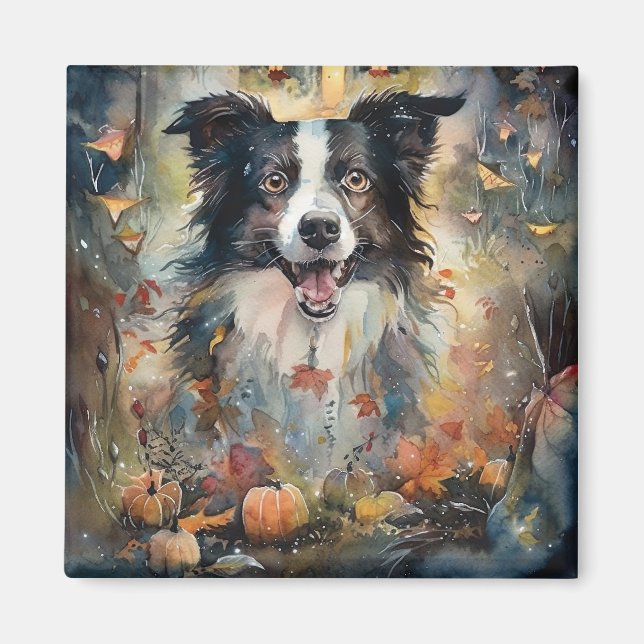 Halloween Border Collie With Pumpkins Scary Magnet (Front)