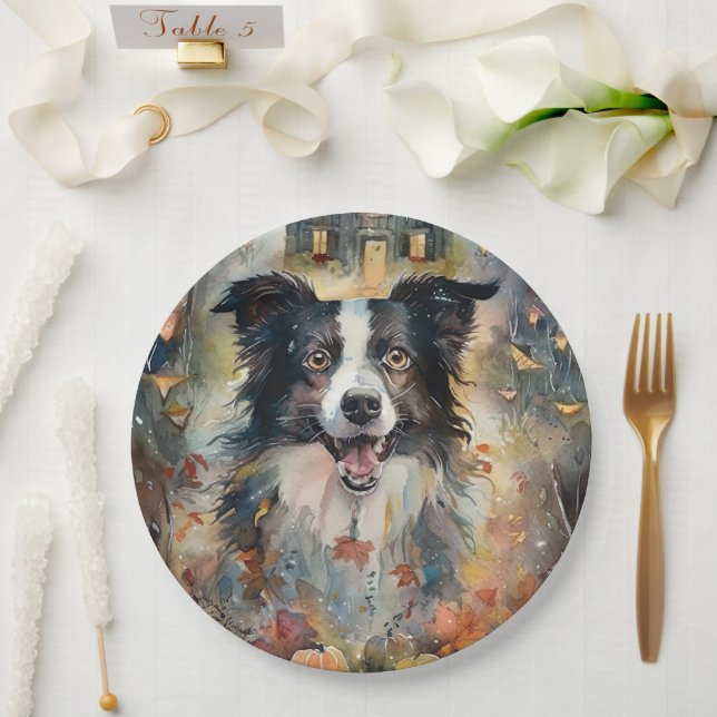 Halloween Border Collie With Pumpkins Scary Paper Plates (Wedding)