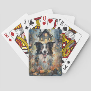 Halloween Border Collie With Pumpkins Scary Poker Cards