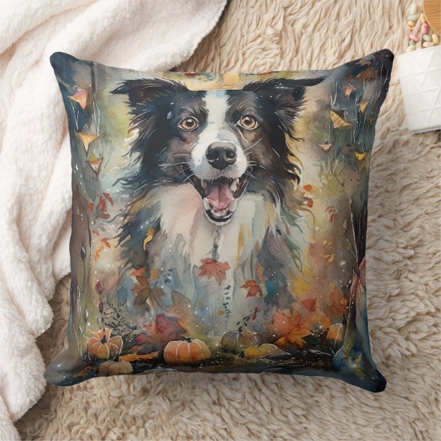 Halloween Border Collie With Pumpkins Scary Throw Pillow (Blanket)