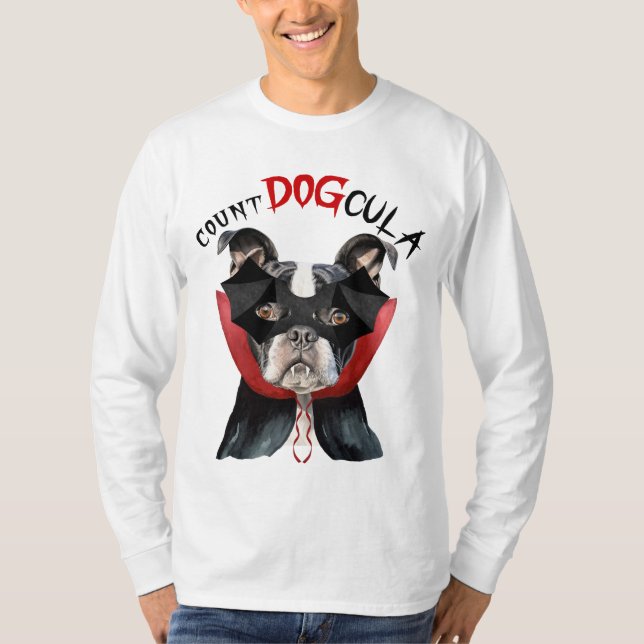 Halloween Boston Terrier Funny Vampire Dog T-Shirt (Front)