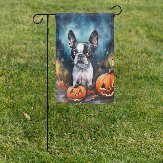 Halloween Boston Terrier With Pumpkins Scary  Garden Flag (In SItu)