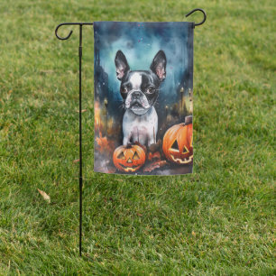 Halloween Boston Terrier With Pumpkins Scary  Garden Flag