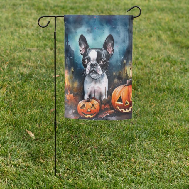 Halloween Boston Terrier With Pumpkins Scary  Garden Flag (In SItu)