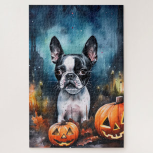 Halloween Boston Terrier With Pumpkins Scary Jigsaw Puzzle