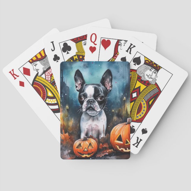 Halloween Boston Terrier With Pumpkins Scary  Poker Cards (Back)