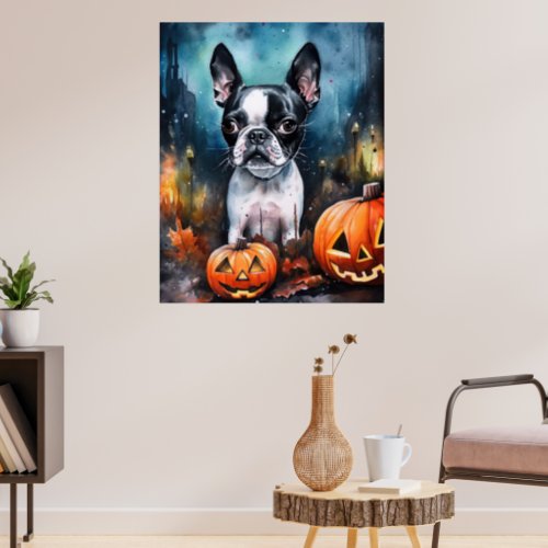 Halloween Boston Terrier With Pumpkins Scary  Poster