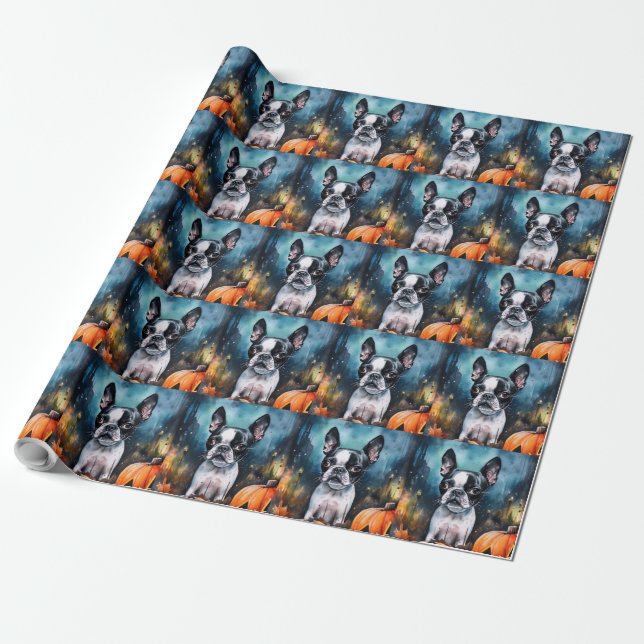 Halloween Boston Terrier With Pumpkins Scary  Wrapping Paper (Unrolled)
